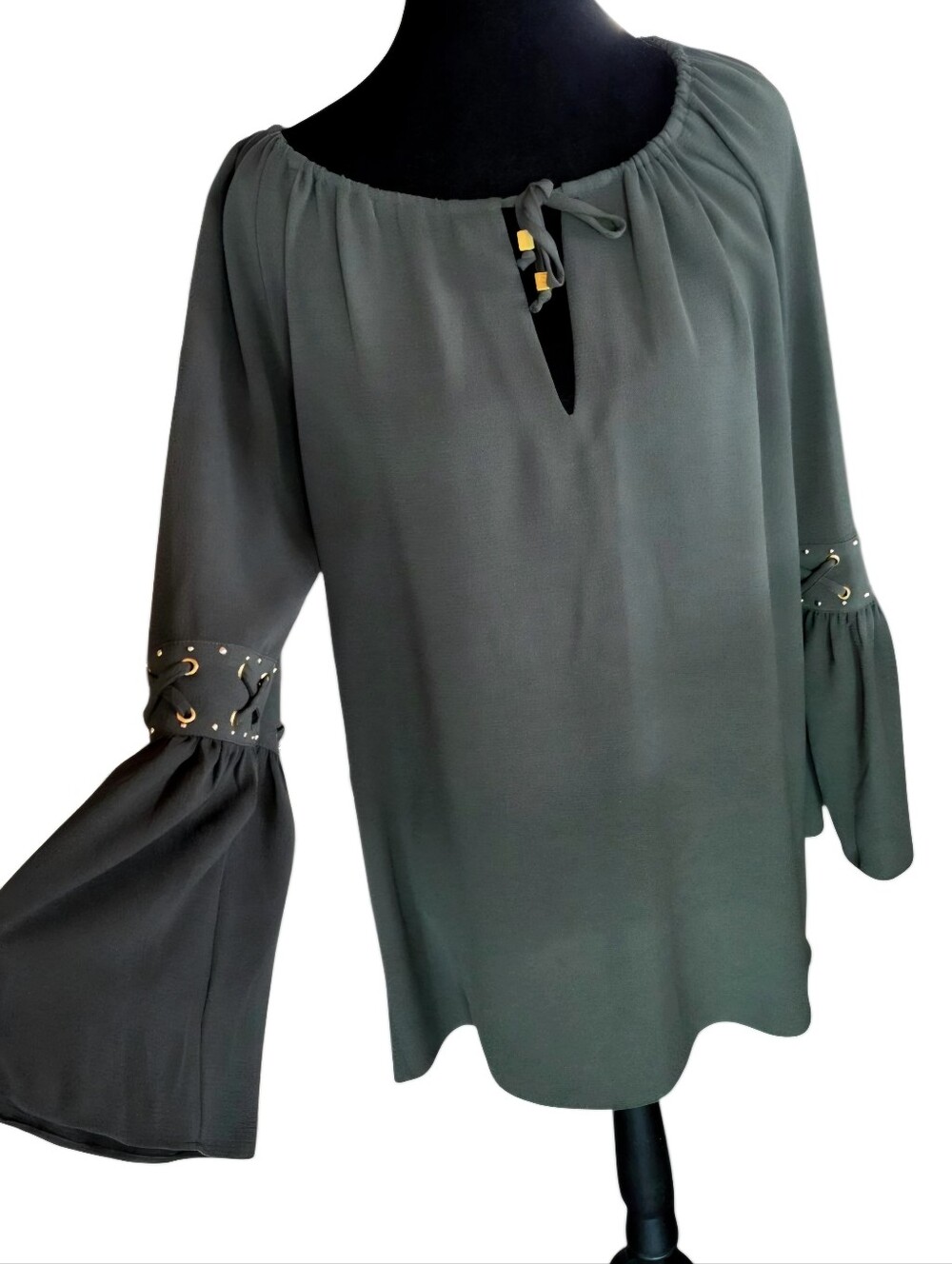 Michael Kors Olive Green Peasant Tunic Blouse with Gold Grommets